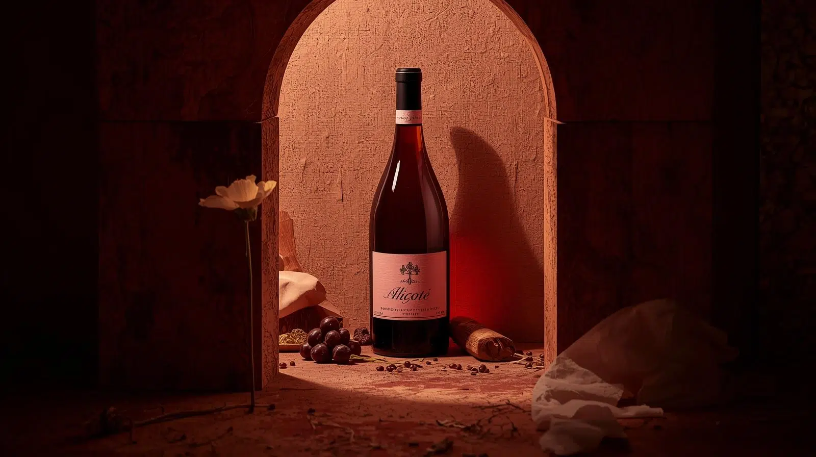 Aligoté wine bottle on a wooden table with grapes and vineyard in the background, highlighting Burgundy’s hidden gem making a global comeback in 2025