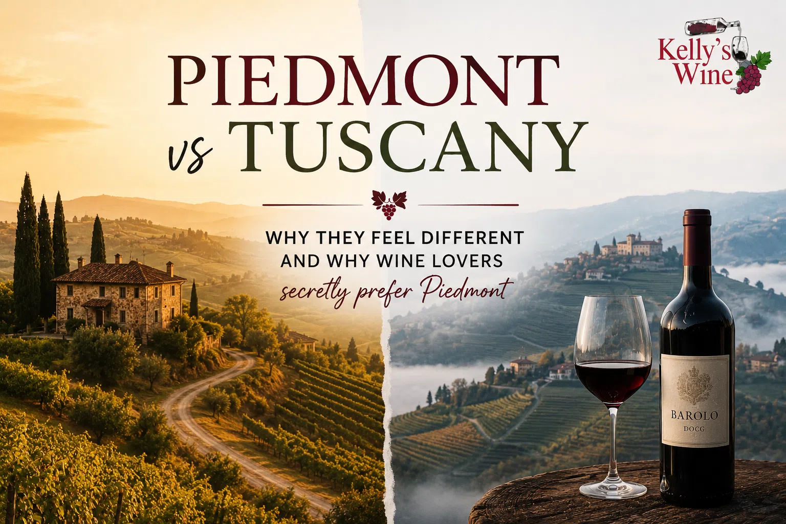 Piedmont and Tuscany vineyard landscapes during wine travel in Italy