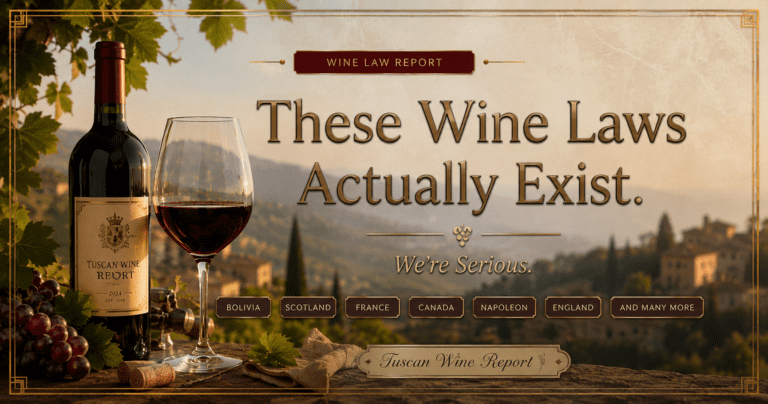 A glass of red wine beside a gavel — illustrating the world's weirdest wine laws