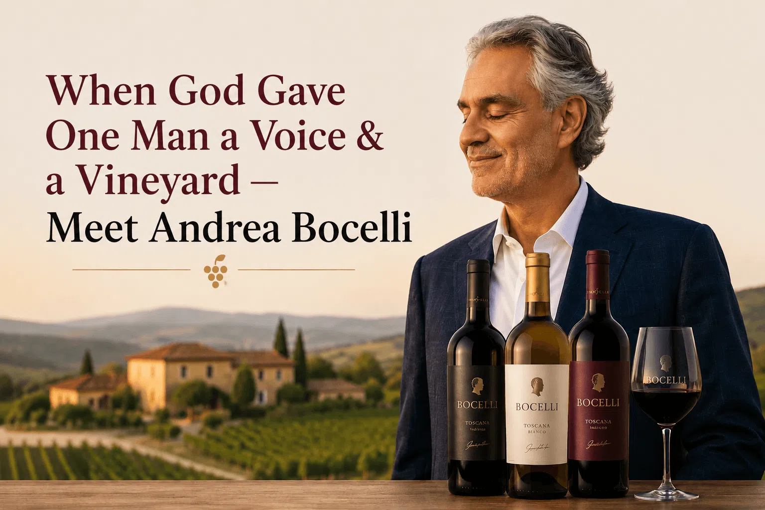 "Andrea Bocelli standing beside his wines in an Italian vineyard with the caption 'When God Gave One Man a Voice & a Vineyard — Meet Andrea Bocelli.'"