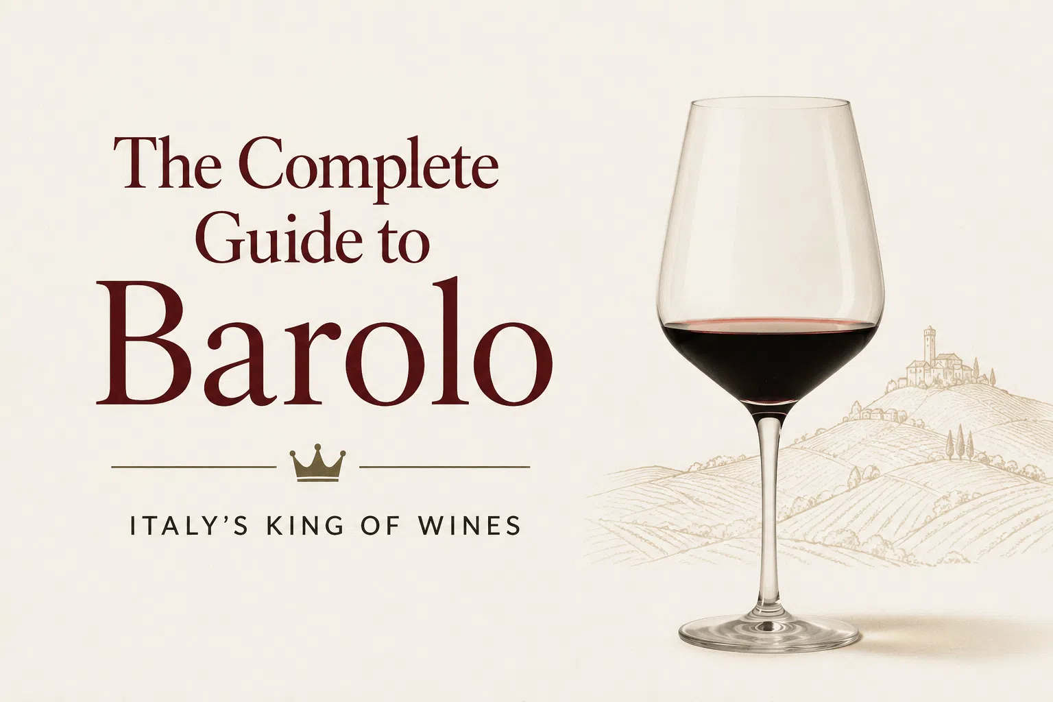 Barolo wine guide Italy featured image with elegant wine glass and Piedmont vineyard illustration