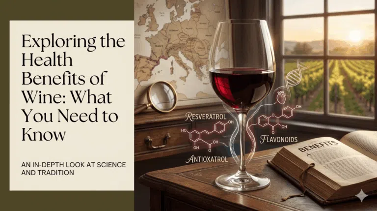 "A glass of red wine on a desk with resveratrol diagrams and text reading 'Exploring the Health Benefits of Wine'."
