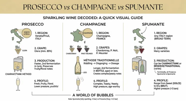 A clean, minimal infographic titled 'Prosecco vs Champagne vs Spumante - Sparkling Wine Decoded'. It compares the three sparkling wines side-by-side across four categories: production region (Italy vs. France), grape varieties (like Glera and Chardonnay), fermentation methods (Charmat tank method vs. Méthode Traditionnelle), and flavor profiles (fruity vs. complex and toasty).