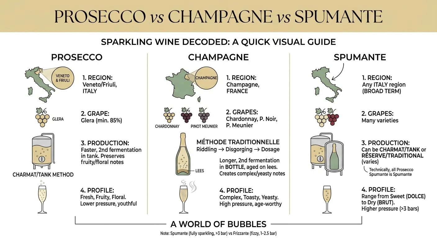 A clean, minimal infographic titled 'Prosecco vs Champagne vs Spumante - Sparkling Wine Decoded'. It compares the three sparkling wines side-by-side across four categories: production region (Italy vs. France), grape varieties (like Glera and Chardonnay), fermentation methods (Charmat tank method vs. Méthode Traditionnelle), and flavor profiles (fruity vs. complex and toasty).