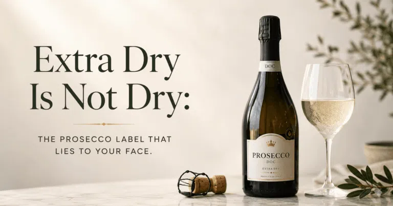 Prosecco Extra Dry bottle and sparkling wine glass illustrating why Extra Dry Prosecco is sweeter than Brut
