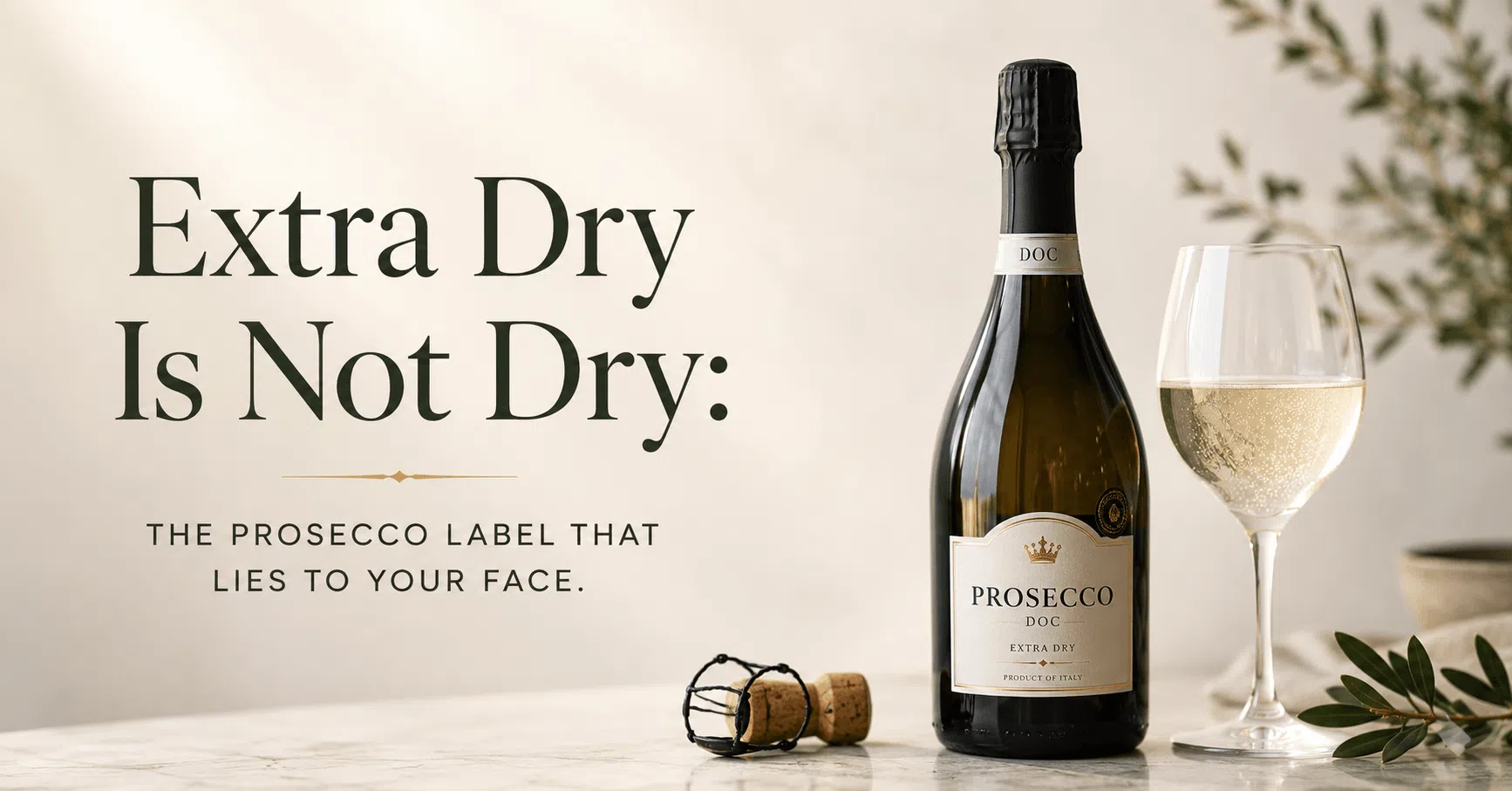 Prosecco Extra Dry bottle and sparkling wine glass illustrating why Extra Dry Prosecco is sweeter than Brut
