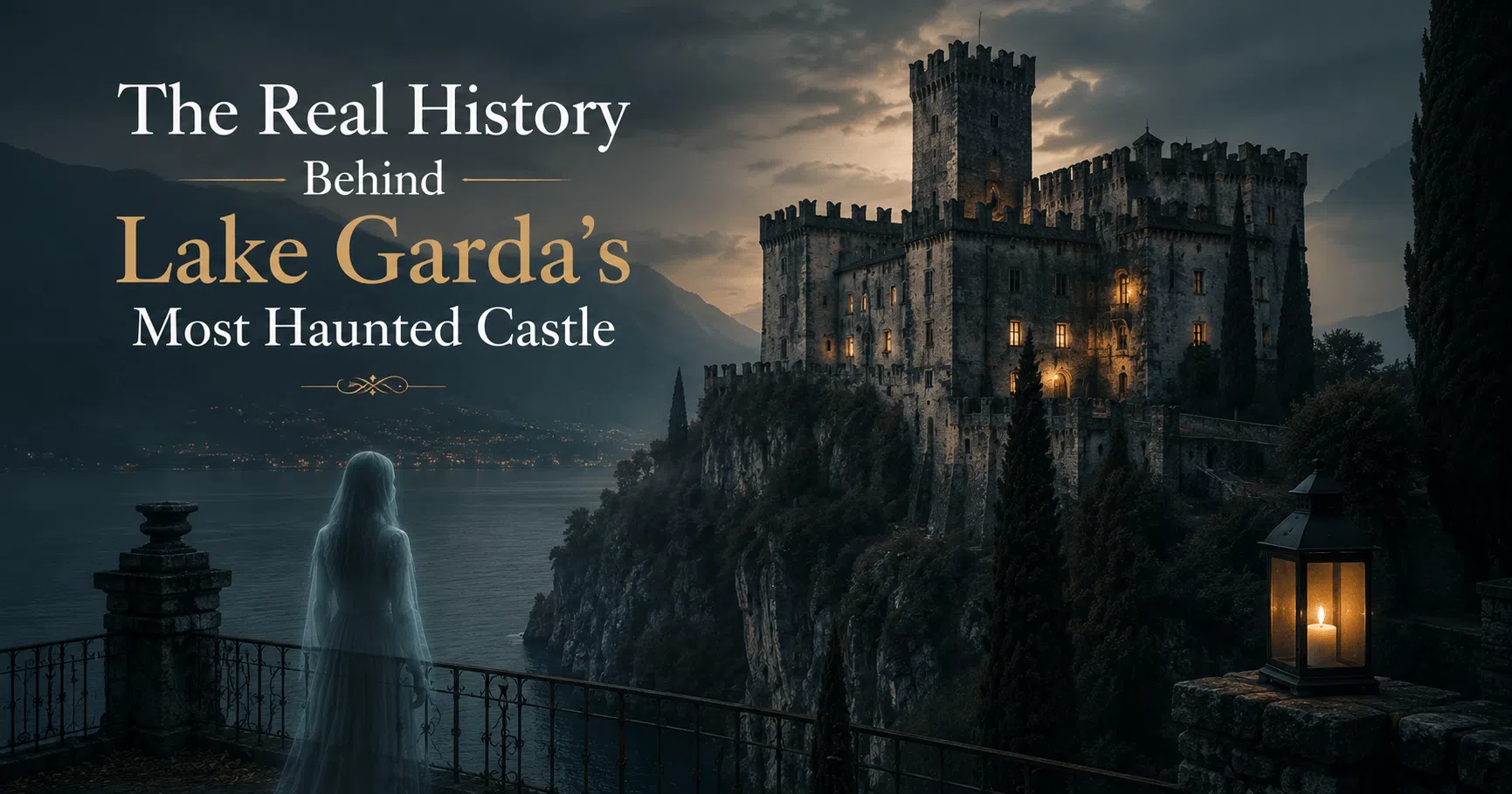 Ancient haunted castle overlooking Lake Garda at dusk with a ghostly figure representing the legends surrounding the castle