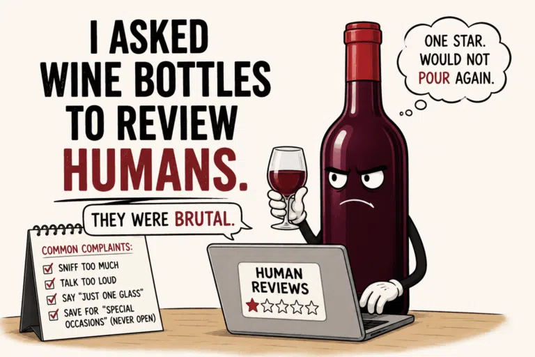 Illustration of wine bottles leaving funny reviews about the humans who drink them.