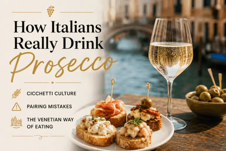 Italian aperitivo table with Prosecco glass and cicchetti small plates representing Venetian drinking culture.