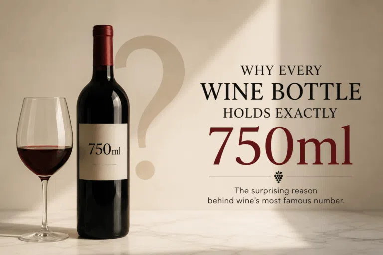 Minimal featured image showing a standard 750ml wine bottle beside a measuring scale marked 750ml, illustrating why this has become the universal bottle size.