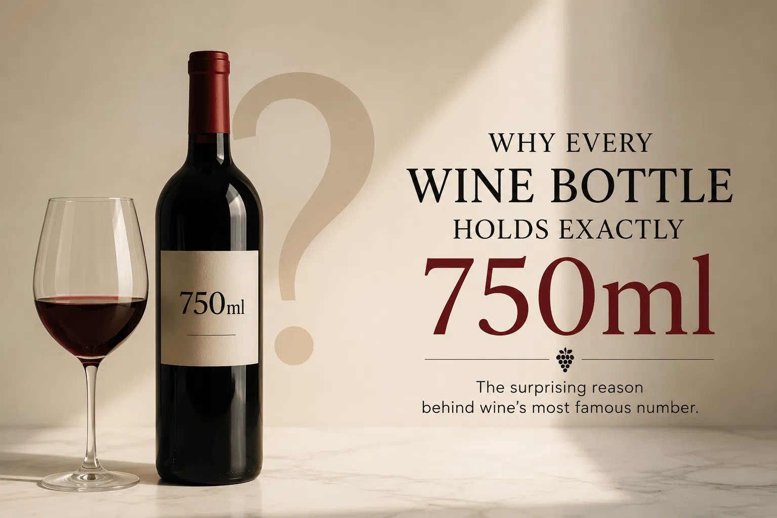 Minimal featured image showing a standard 750ml wine bottle beside a measuring scale marked 750ml, illustrating why this has become the universal bottle size.