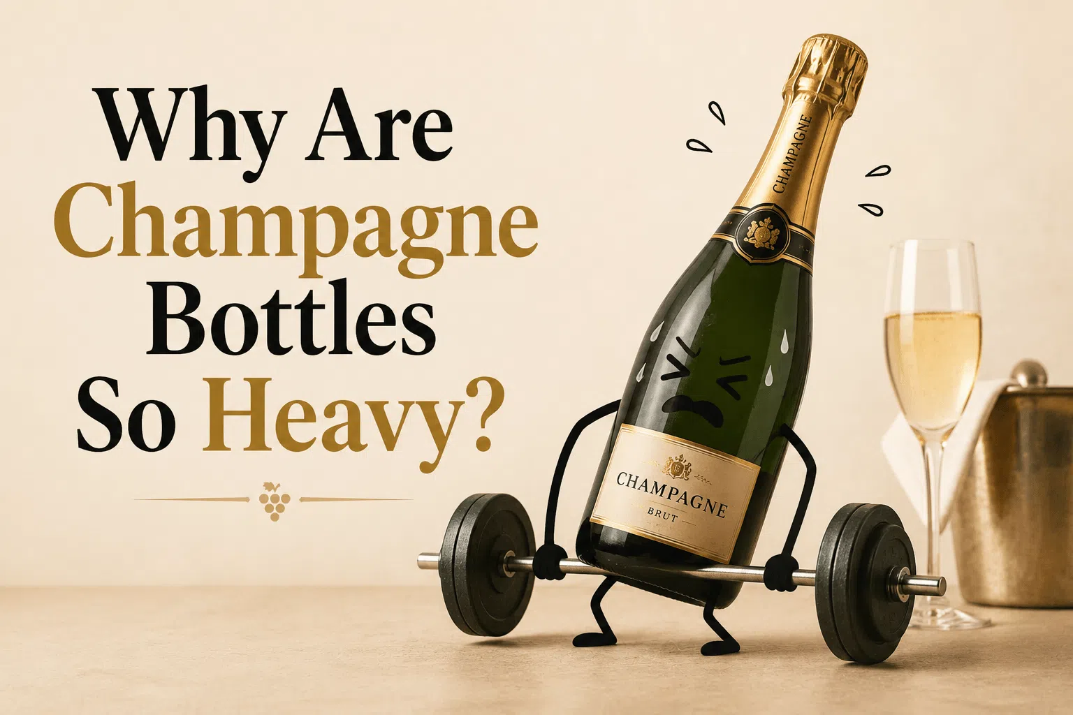 Funny illustration of a heavy Champagne bottle struggling to lift a barbell, explaining why Champagne bottles are made with thick, heavy glass.