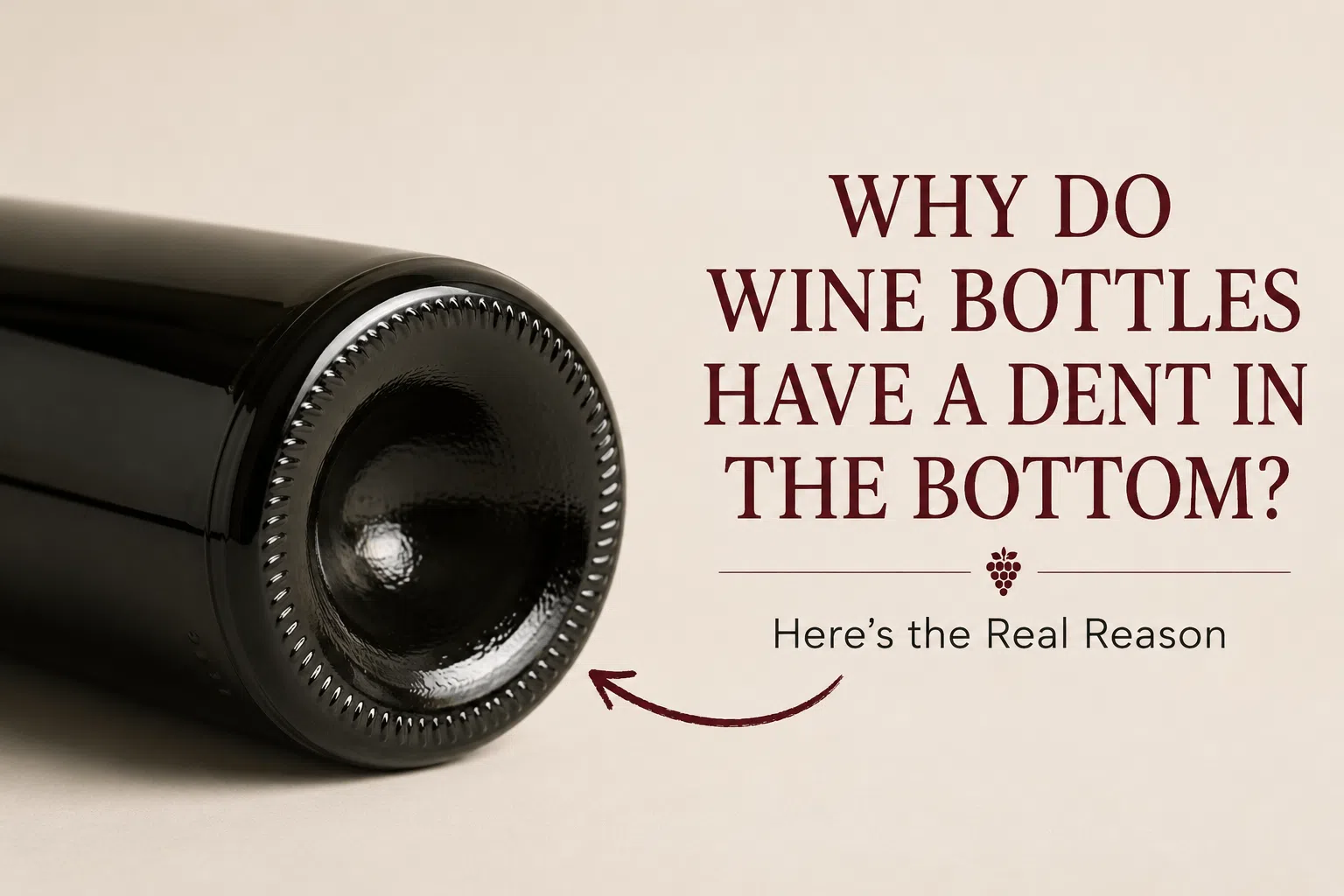Close-up of a wine bottle showing the deep dent, or punt, in the bottom, illustrating why wine bottles have this distinctive design.