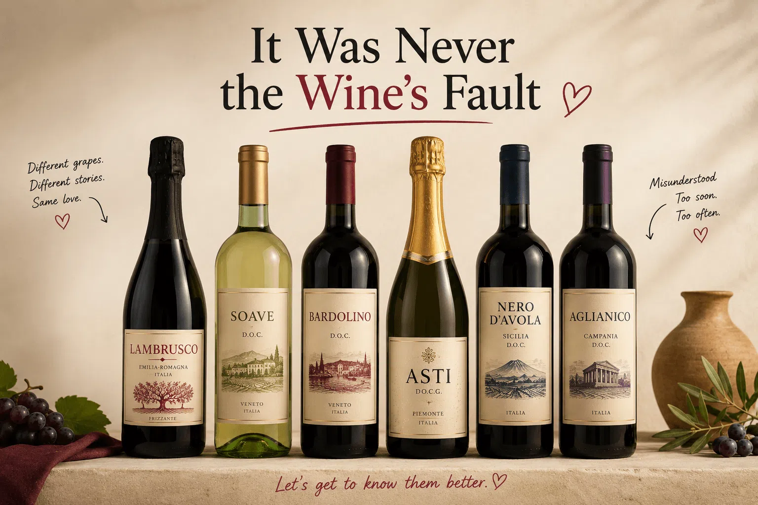 Six Italian wines including Lambrusco, Soave, Bardolino, Asti, Nero d'Avola and Aglianico