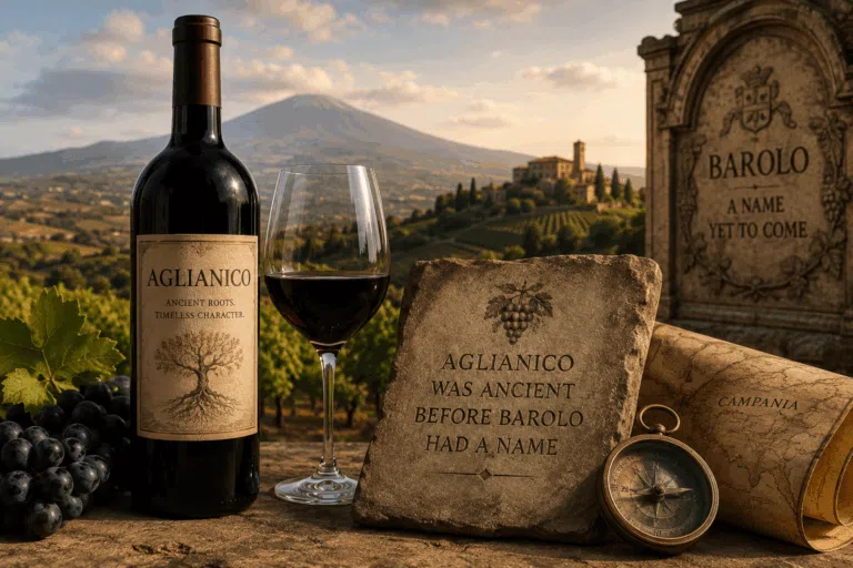 Bottle and glass of Aglianico wine with an ancient stone tablet and Campania vineyard landscape