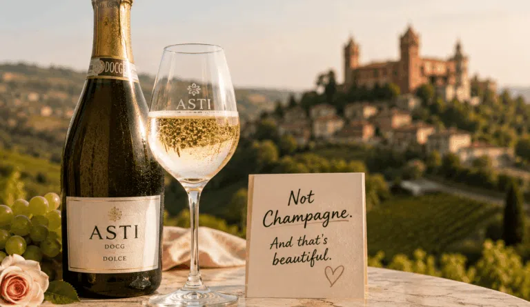 Asti sparkling wine beside Champagne bottles