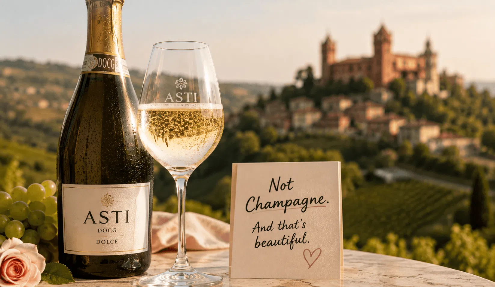 Asti sparkling wine beside Champagne bottles