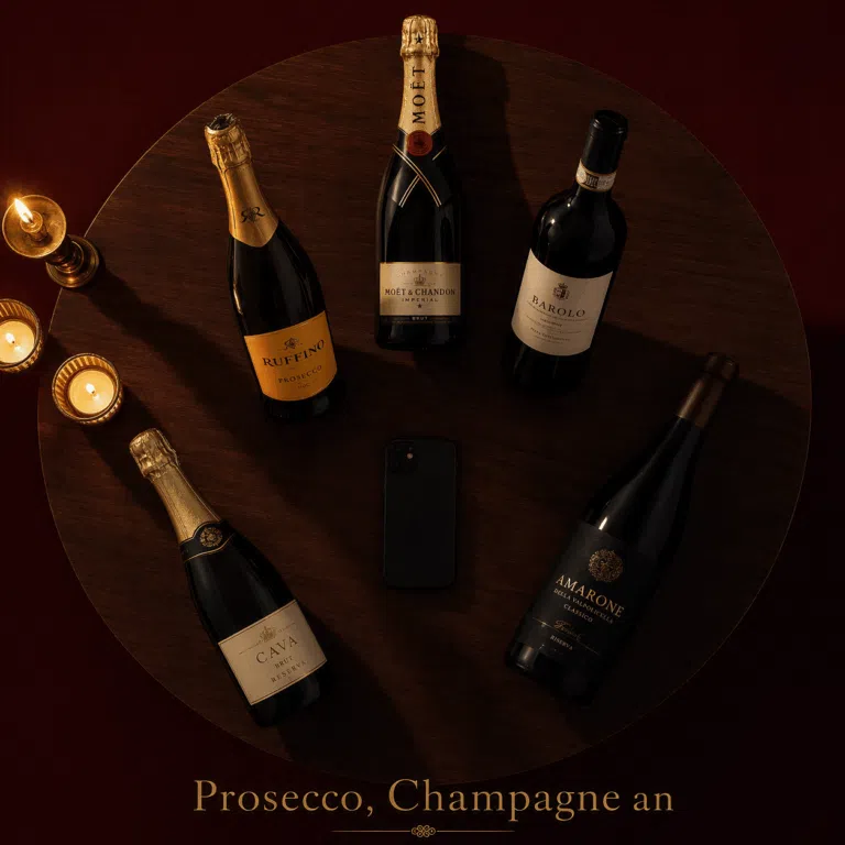 Prosecco, Champagne, Barolo, Amarone and Cava bottles arranged in a group chat formation on a dark walnut surface — Italian wine humor by thefinestitalianwine.com
