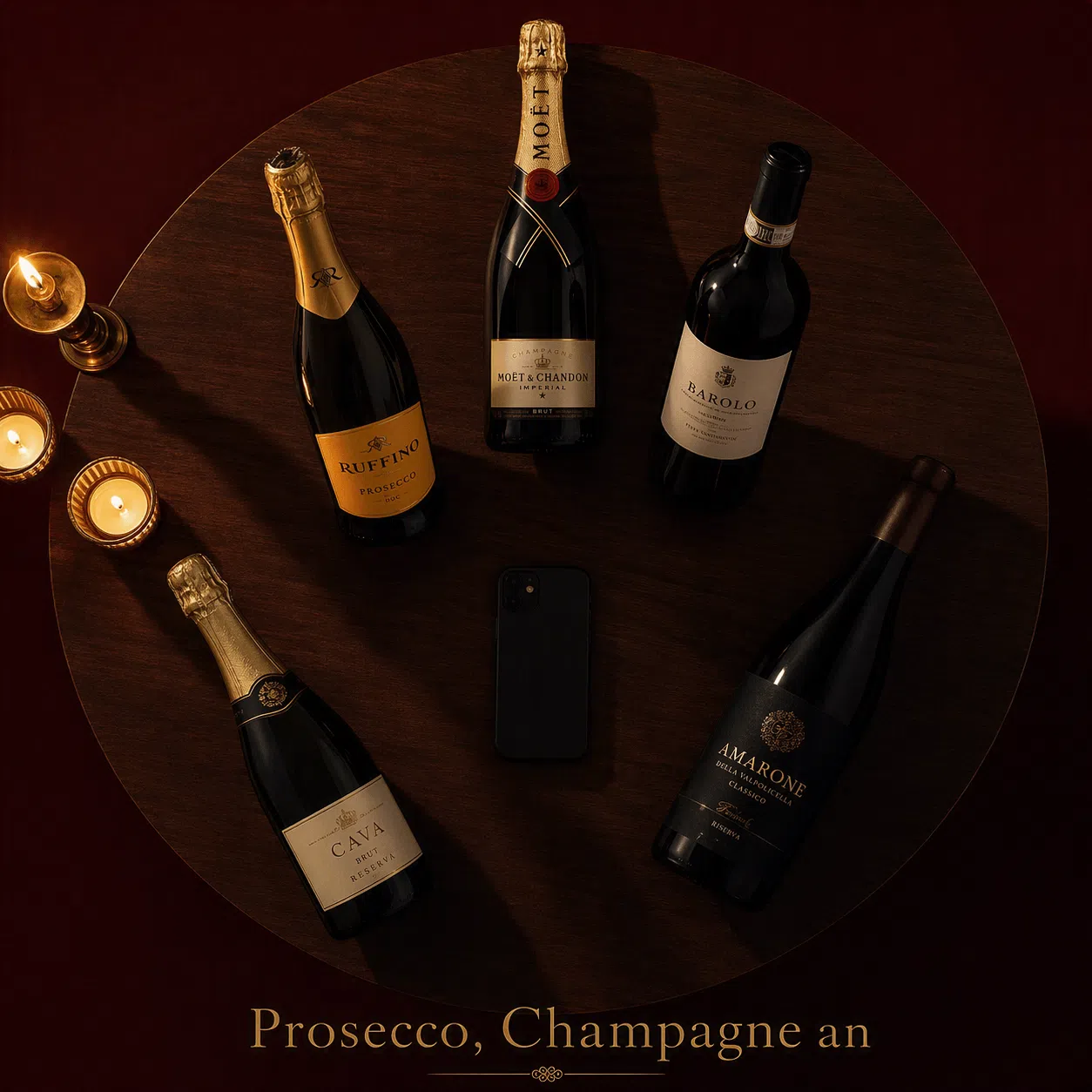 Prosecco, Champagne, Barolo, Amarone and Cava bottles arranged in a group chat formation on a dark walnut surface — Italian wine humor by thefinestitalianwine.com