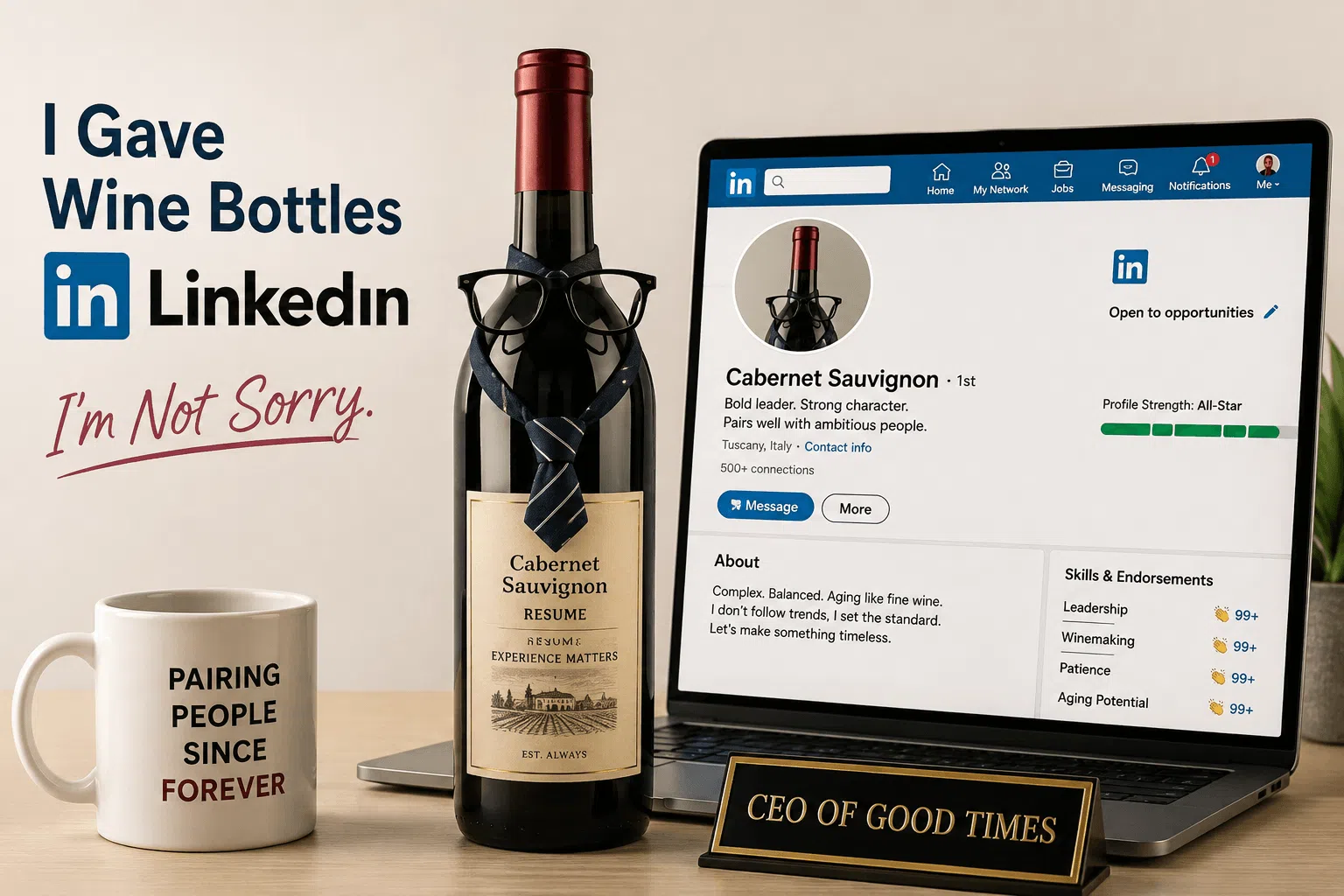 Humorous wine bottle with a LinkedIn profile showing a Cabernet Sauvignon professional profile