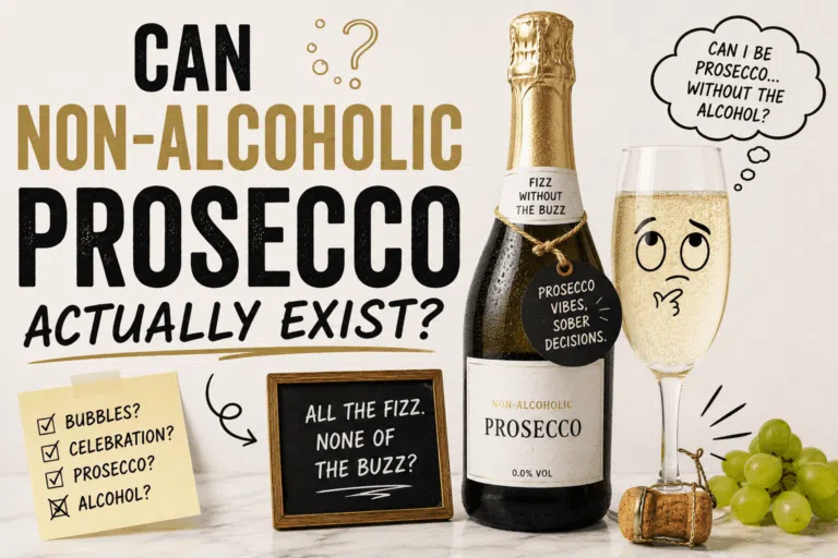 Non-alcoholic Prosecco bottle and sparkling wine asking whether alcohol-free Prosecco can legally exist