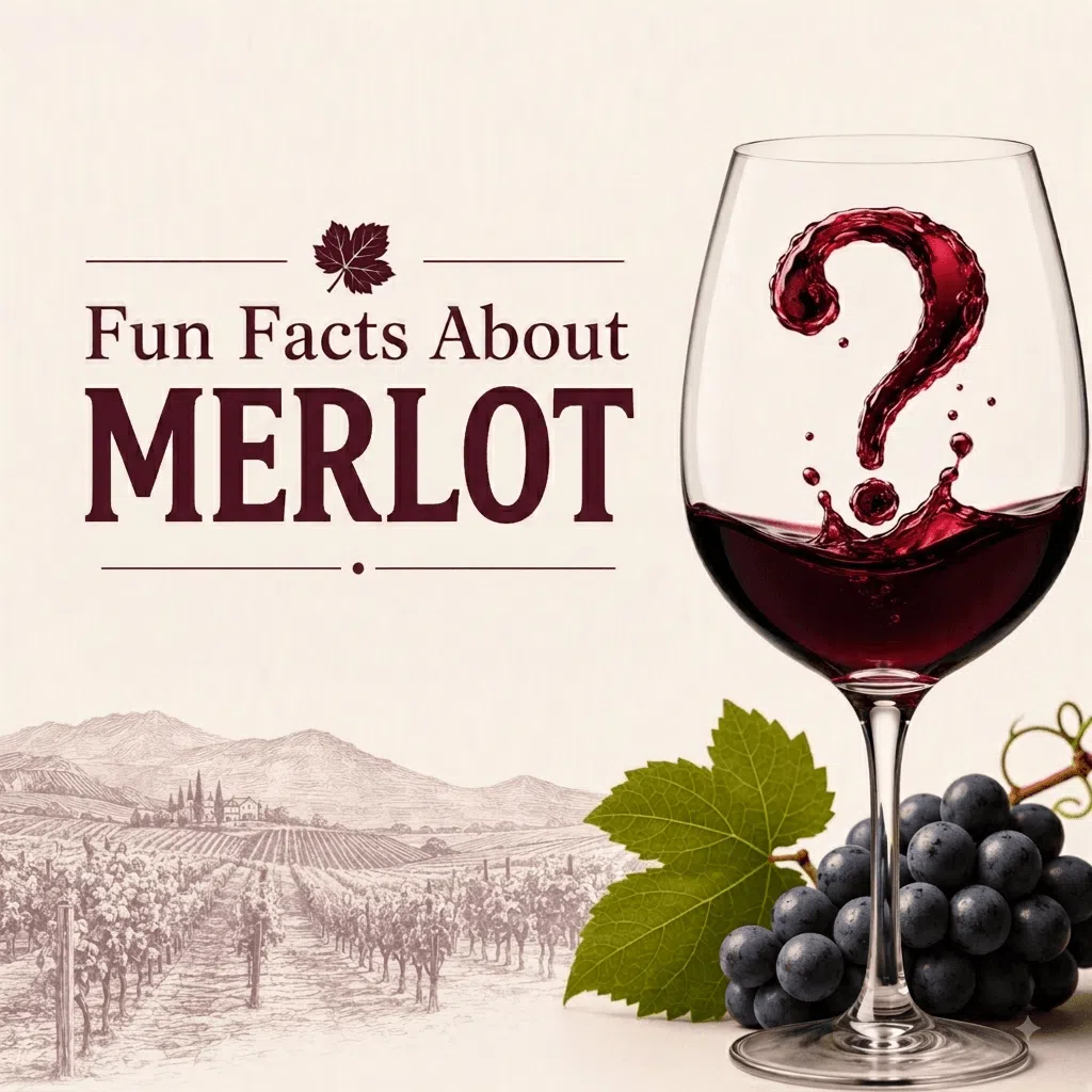 An infographic featuring a glass of red wine with a question mark made of wine splashing, next to text that reads "Fun Facts About MERLOT". In the background, there is a sketch of a vineyard and a cluster of grapes.