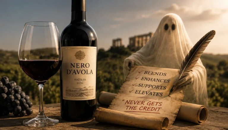 Bottle and glass of Nero d’Avola wine beside a ghost writing on parchment in a Sicilian vineyard