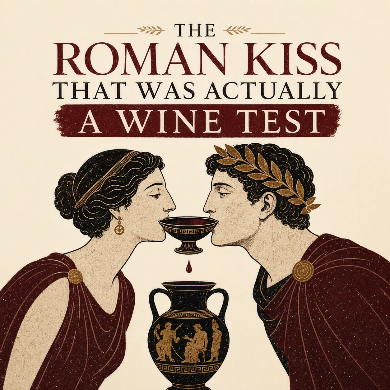 Illustration of a Roman man and woman kissing over a wine cup, referencing the ancient ius osculi custom of checking a woman's breath for wine.