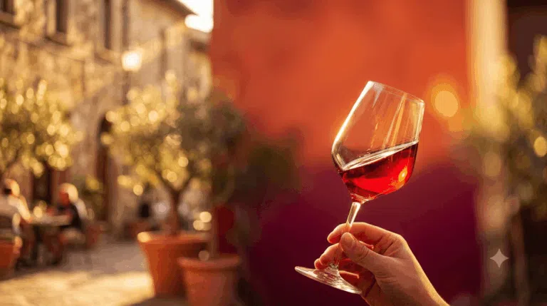Hand holding a wine glass correctly by the stem to keep the bowl and wine temperature undisturbed.