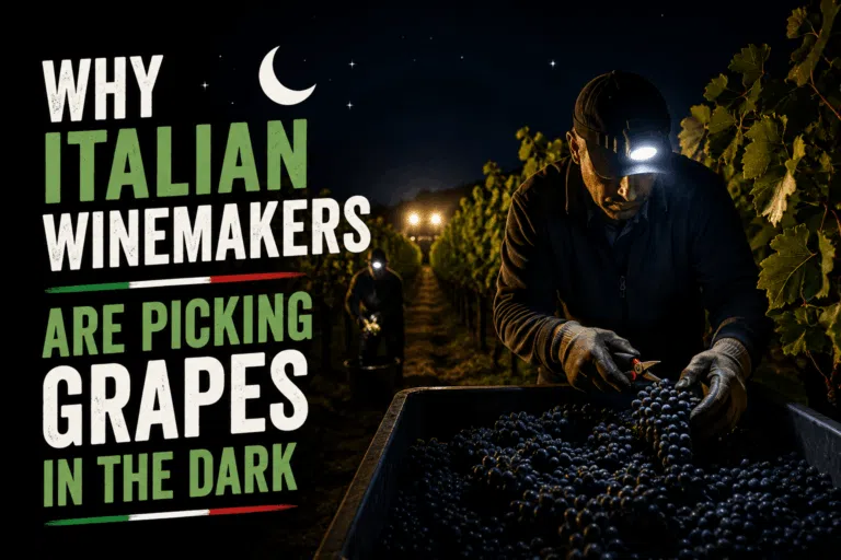 Italian winemakers picking wine grapes at night during harvest