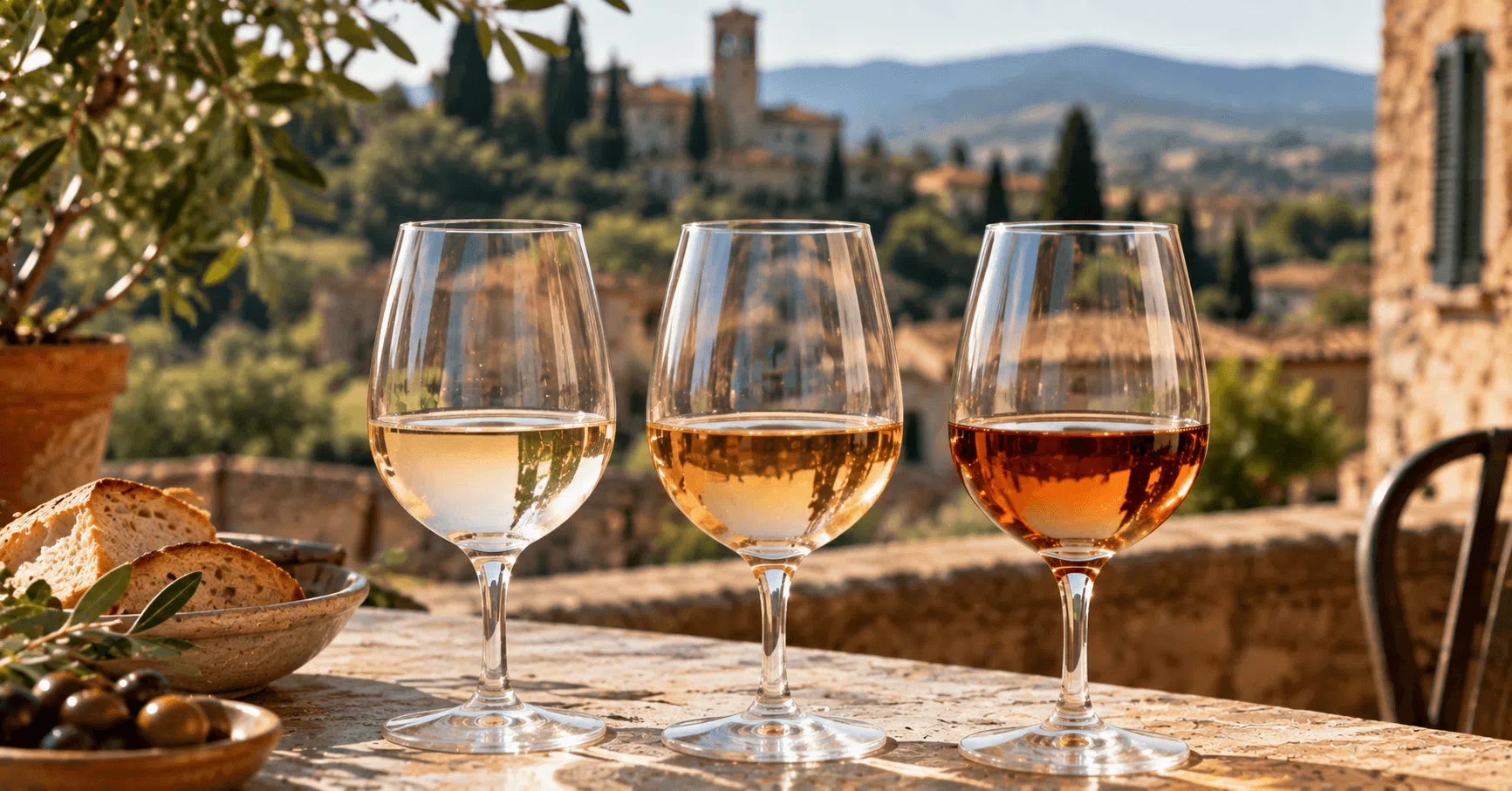 Three glasses of Italian Pinot Grigio ranging from pale straw to golden and copper ramato