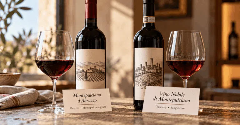 Montepulciano d’Abruzzo and Vino Nobile di Montepulciano side by side, comparing the Abruzzo Montepulciano grape wine with Tuscany’s Sangiovese wine