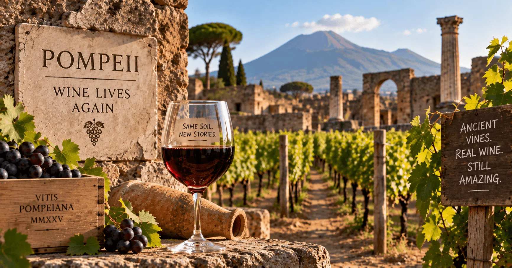 Wine grapes growing among the ancient ruins of Pompeii with Mount Vesuvius behind the vineyard