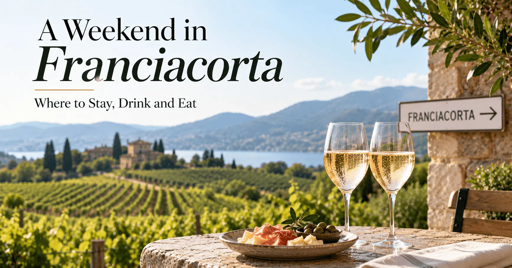 Franciacorta vineyards and sparkling wine overlooking the Italian countryside