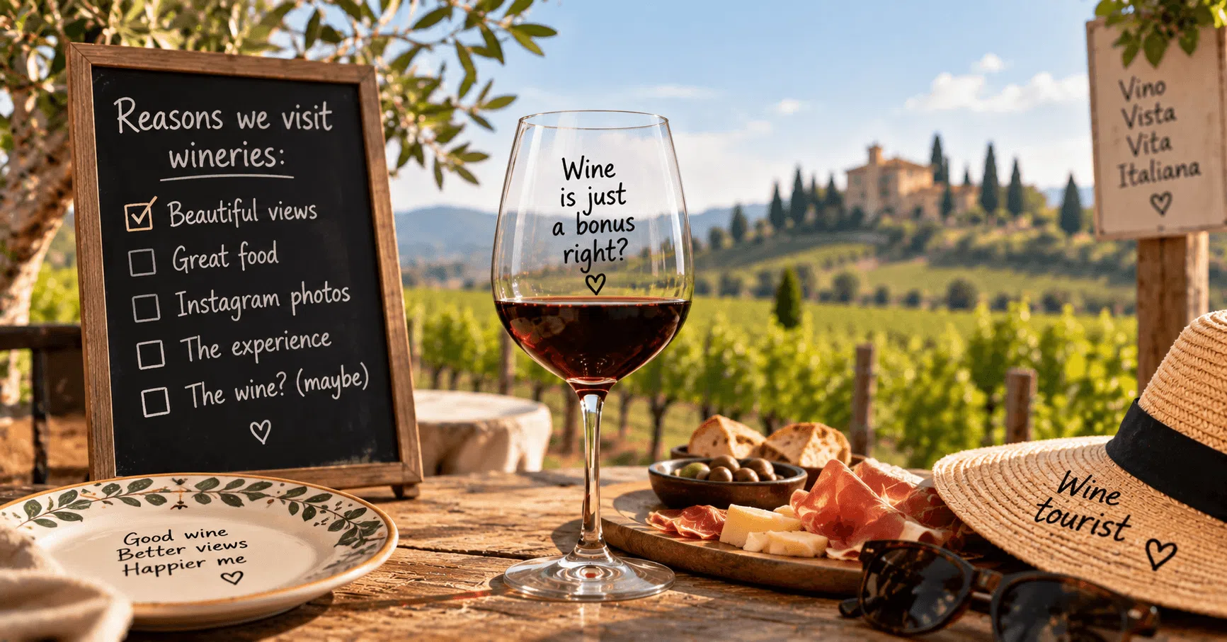 Italian wine tourism experience with wine, food and vineyard views at a winery