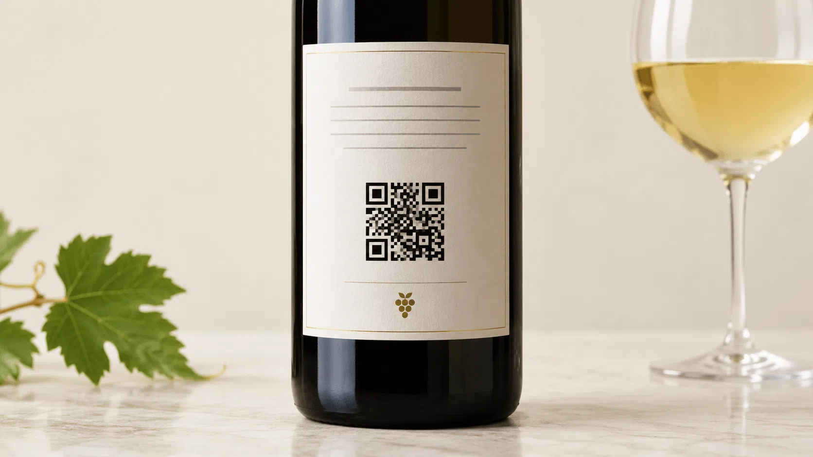 Wine bottle with a QR code on its label beside a glass of white wine and green grape leaves.
