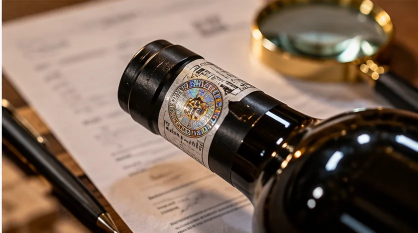 Illustration of a premium wine bottle being examined alongside documents and a magnifying glass.