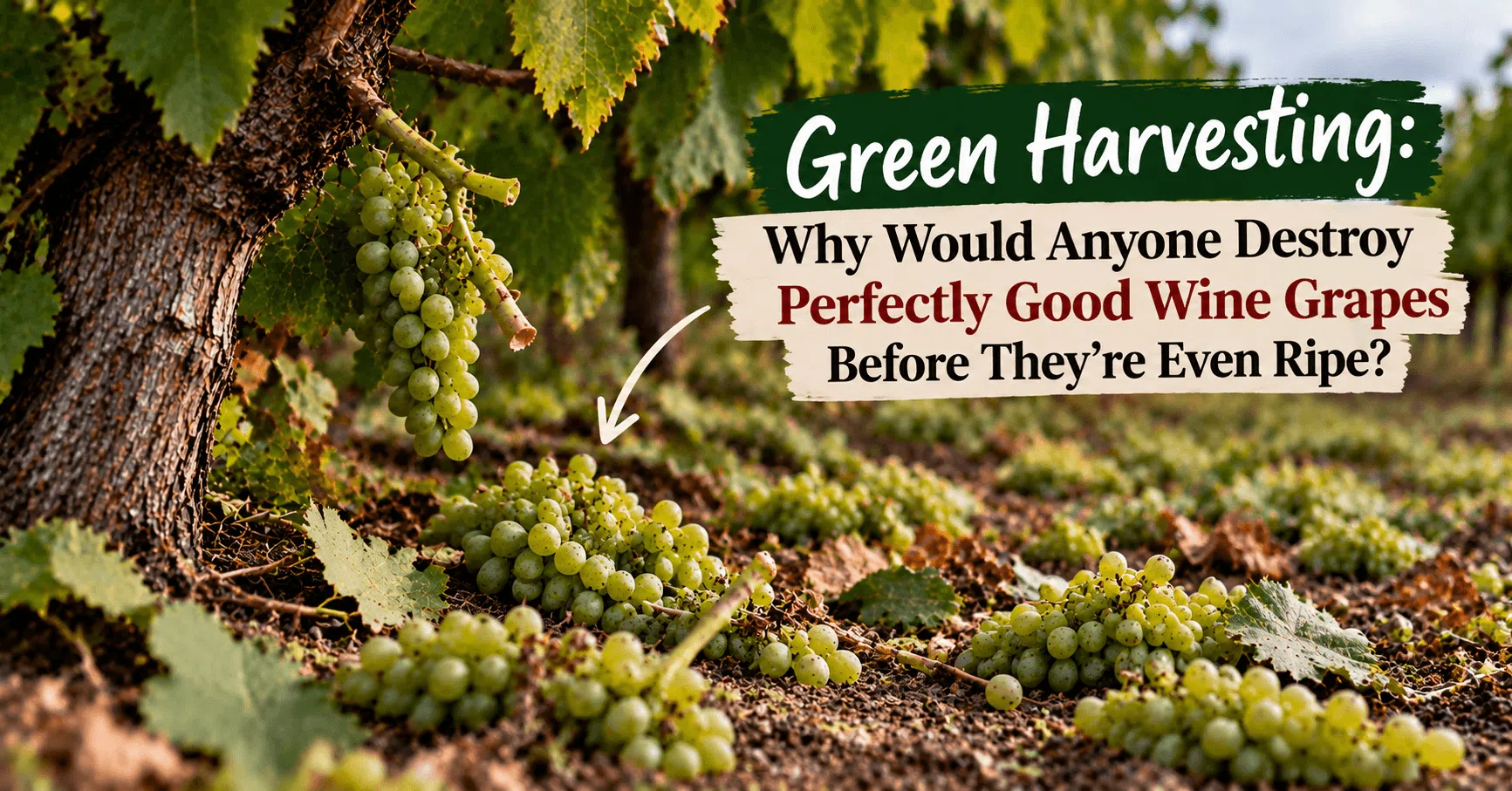 Unripe wine grapes deliberately cut from vines during green harvesting and left on the vineyard floor