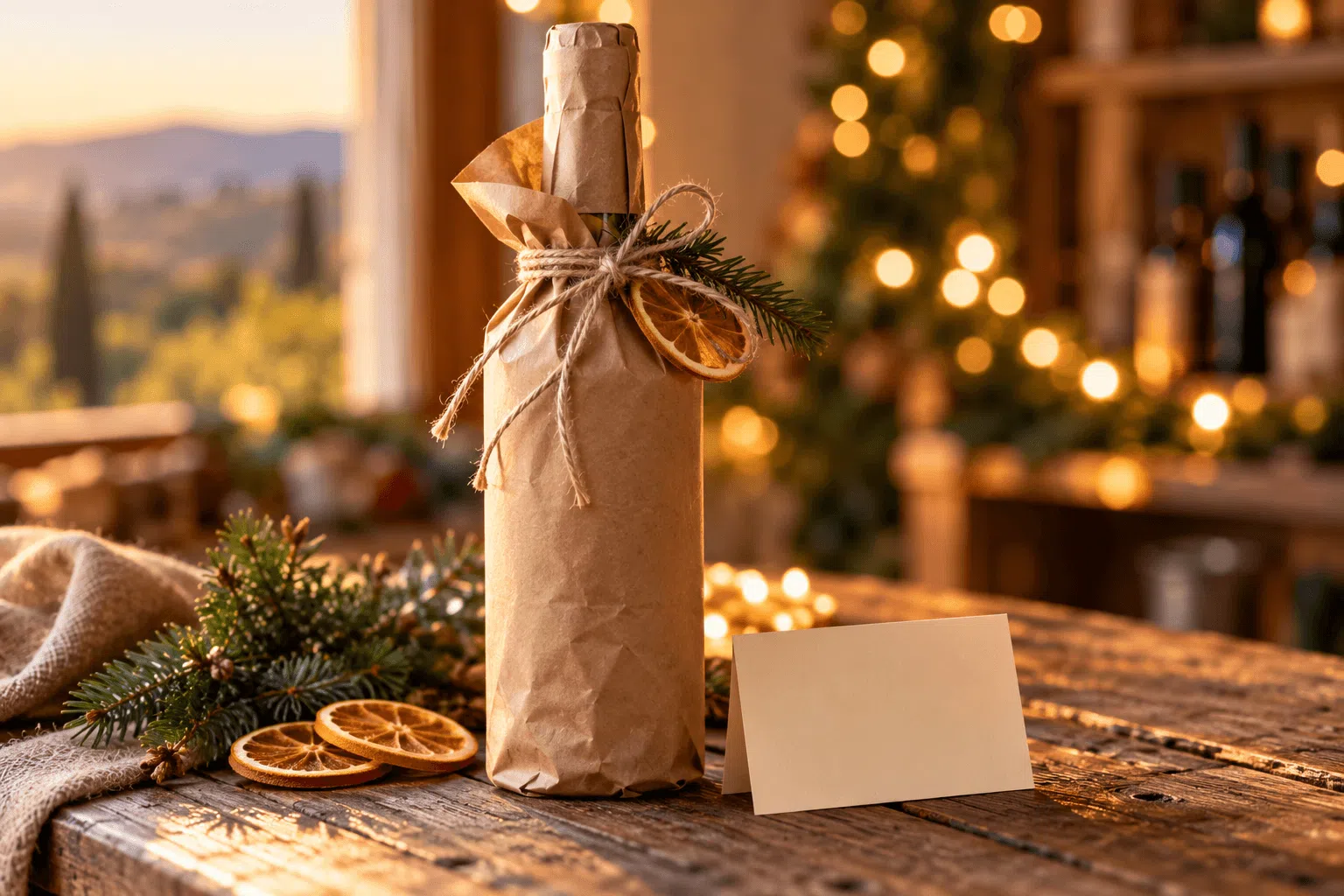 Italian wine bottle wrapped in kraft paper with twine, beside a blank gift card, pine sprigs and dried orange slices.