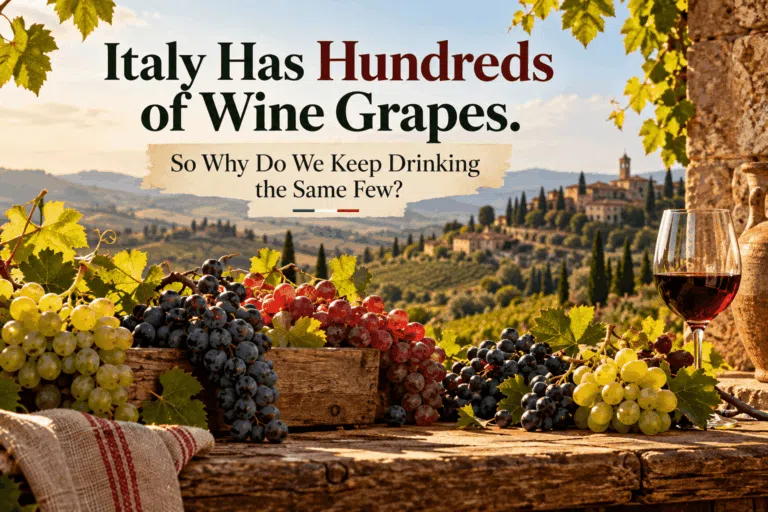 Different varieties of Italian wine grapes, including red, purple and white grapes, displayed against a scenic Italian vineyard.