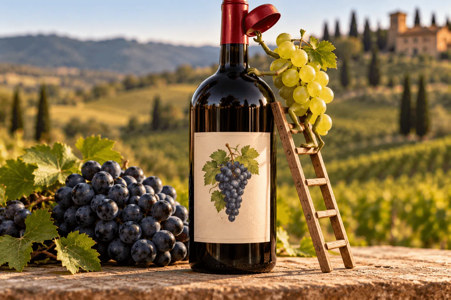 Green grapes climbing a ladder toward a red wine bottle traditionally made from dark grapes, illustrating the introduction of new grape varieties into Italian wines.