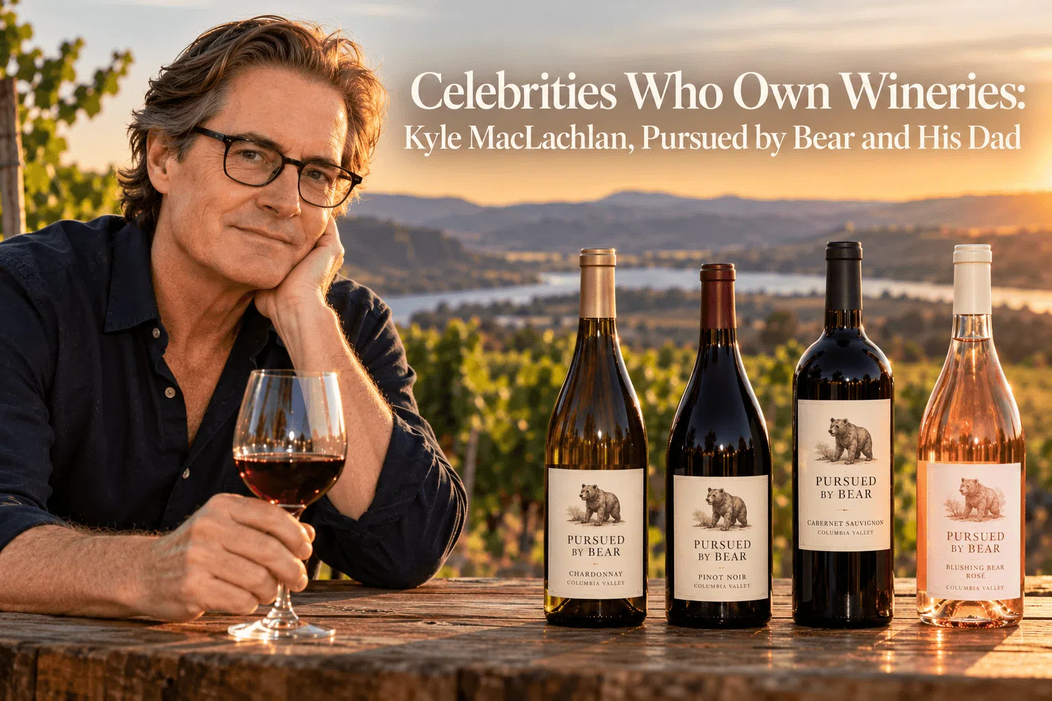 Editorial image of Kyle MacLachlan beside Pursued by Bear wine bottles against a Washington State vineyard backdrop.