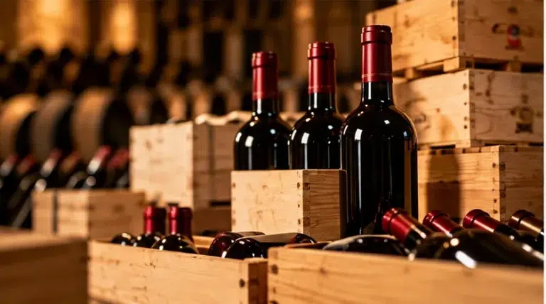 Illustration of a wine warehouse filled with wooden crates and bottles.