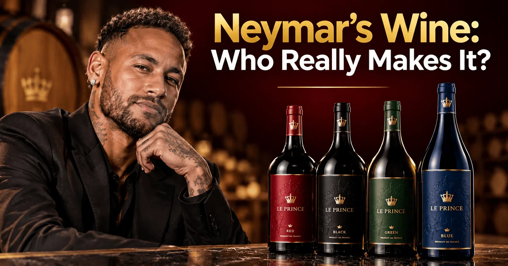 Editorial illustration of Neymar beside four Le Prince wine bottles in red, black, green and blue, with the headline Who Really Makes It?
