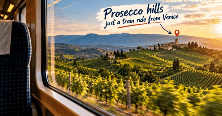 Train journey from Venice through the rolling vineyards of the Prosecco Hills in Veneto