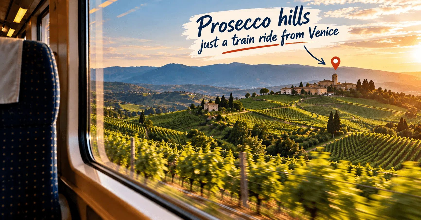Train journey from Venice through the rolling vineyards of the Prosecco Hills in Veneto