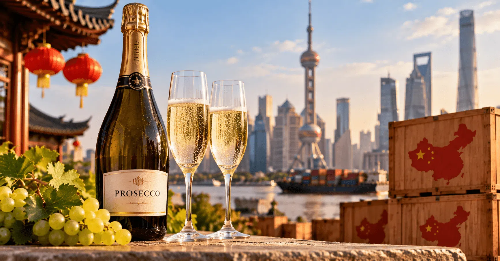Bottle of Italian Prosecco with two sparkling wine glasses overlooking Shanghai, with shipping crates representing Prosecco exports to China.