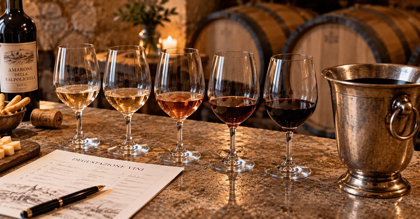 Italian wine tasting flight with five small wine pours, tasting notes and a traditional metal spittoon