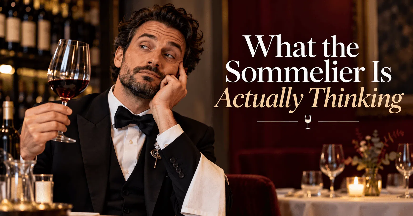 Sommelier holding a glass of red wine with a politely exhausted expression in an elegant restaurant